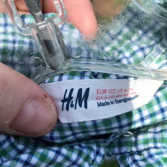 H&M Green Blue White Plaid Checkered Button Up Down Long Sleeves Shirt Boys 6-7 - Picture 7 of 13